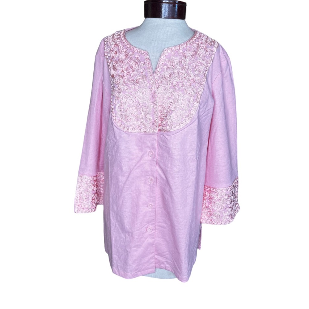 NWT Susan Graver QVC Pink Button Down Embroidery Detail Linen Blend Jacket Large